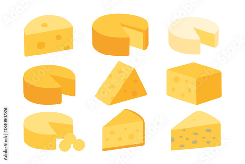 Assortment of yellow and orange dairy cheese blocks and slices in isometric view