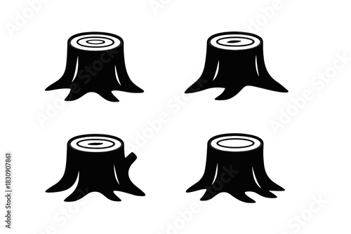 Set of four simple black and white symbols showing tree stumps and cut logs