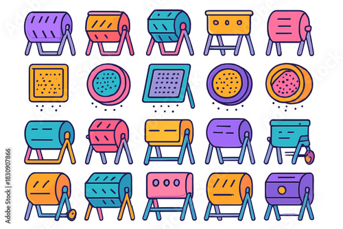 Colorful set of lottery drums raffle machines and bingo cages for games of chance