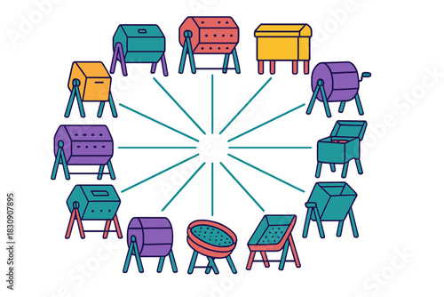 Various colorful lottery drums and raffle machines set in a radial diagram