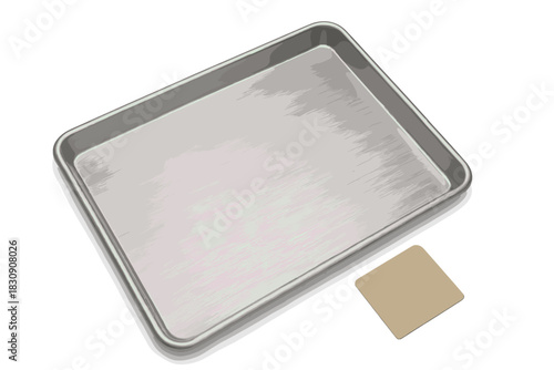 Empty rectangular aluminum baking sheet pan with a small beige square sample isolated on white background
