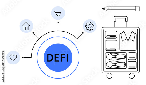 Defi surrounded by icons thumbs up cart, heart, home, gear, suitcase with clothes and shoes, pencil. Ideal for finance, travel, digital planning innovation optimization fintech blockchain