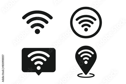 Set of four different styles of Wi-Fi signal icons for wireless internet access and digital interface