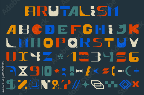 Brutalism modern font type with symbols and punctuation marks. Latin letters and numbers in brutal geometric minimalistic style set.