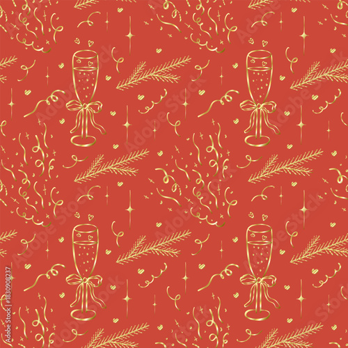 Coquette core New Year seamless festive golden gradient pattern confetti and hearts. Hand drawn line doodle champagne glass and ribbon bow on red background.