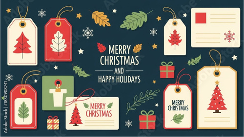 Assorted Festive Christmas and Holiday Gift Tags with Winter Decorations and Evergreen Motifs