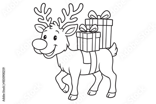 Christmas coloring page for kids with cheerful reindeer carrying presents, perfect for holiday activities. black outline, isolated on white background. illustration