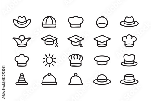 Outline icons of common hats for fashion and education themes