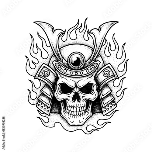 Samurai Skull Warrior Helmet with Flames Illustration.