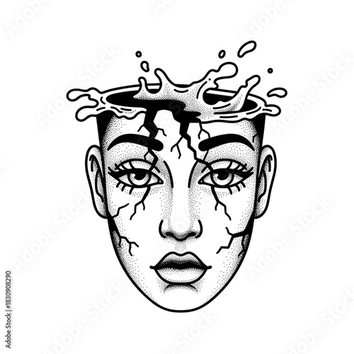 Cracked Head with Water Splashing Outlines a Surreal Portrait.