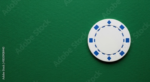 A single white poker chip with blue accents sits on a green felt table providing ample copy space for gambling and casino themed designs
