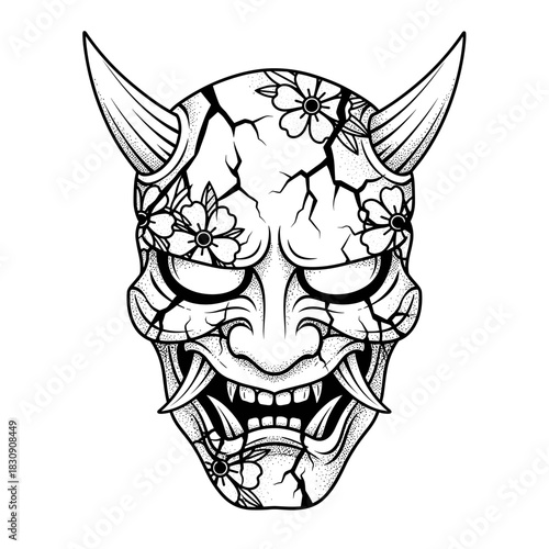 Cracked Oni Mask with Cherry Blossoms Tattoo Design.