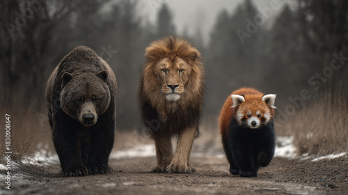 Unlikely Companions: Grizzly Bear, Majestic Lion, and Red Panda Walking Together on a Forest Path
