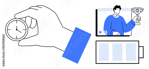 Hand holding clock, person celebrating with trophy on video call, and battery level icon. Ideal for productivity, time tracking, remote work, efficiency tools, business motivation, success