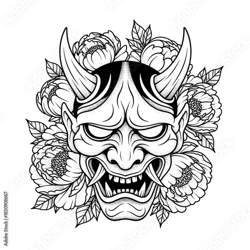 Japanese Oni Mask with Flowers Tattoo Design.