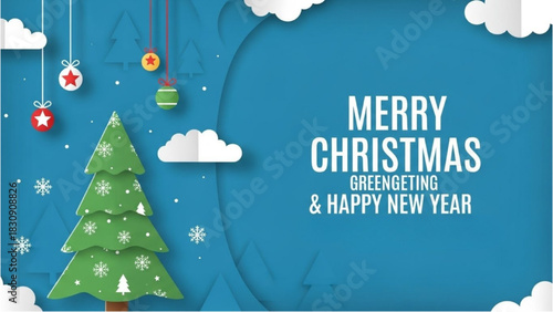 Merry Christmas and Happy New Year Greeting Card with Festive Decorations