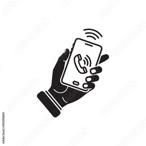 Black Hand holding phone line icon. Communication, call, send a message, smartphone, device, personal, user, internet connection. Technology concept. Vector line icon for Business and Advertising