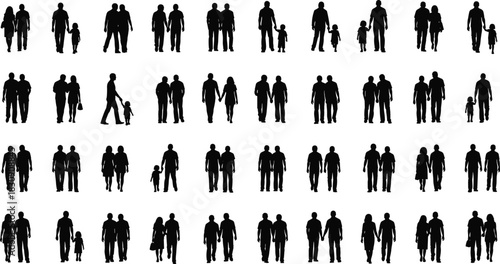 Extensive collection of black vector silhouettes featuring couples, partners, and small families walking or standing together, representing people groups, relationships, companionship