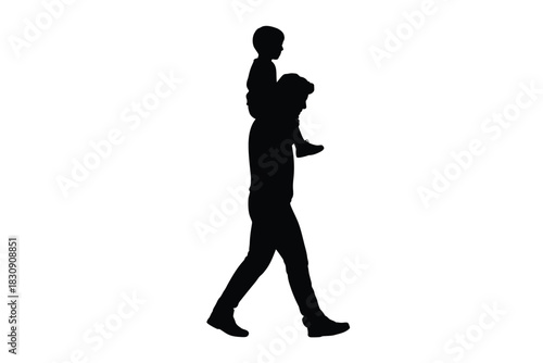 Silhouette of father walking with child on shoulders isolated on white