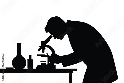 Silhouette of scientist using microscope in lab with chemical vials