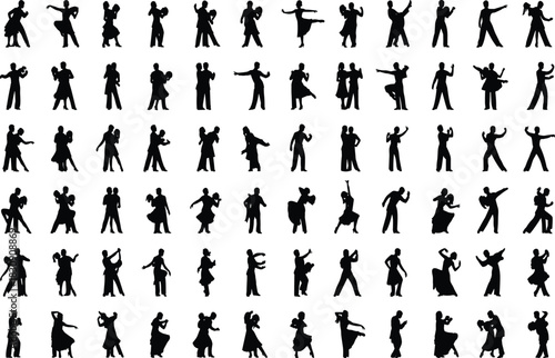 Extensive collection of sixty-six black vector dancing couple and individual silhouettes, showcasing various styles like tango, salsa, and waltz, representing rhythm, performance, music, romance, and 