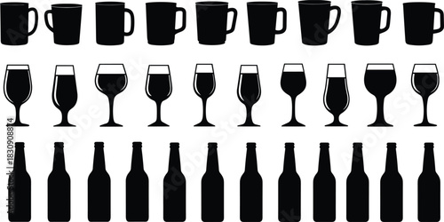 Extensive set of vector silhouette icons featuring various drink containers, including coffee mugs, wine glasses, and beer bottles, representing beverages, bars, restaurants