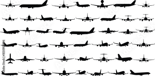 Extensive vector collection of forty-eight different commercial jet plane and aircraft silhouettes in various flight perspectives, including front, side, and landing views, symbolizing aviation