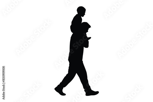 Silhouette of father carrying son on shoulders walking together