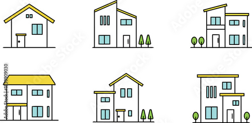 Set of six simple house illustrations, featuring various architectural styles and designs, perfect for real estate and homeownership concepts