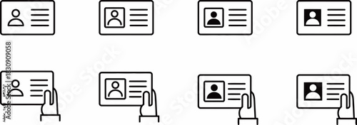 Collection of eight line art icons representing identification cards with photos, user profiles, and a hand holding a card