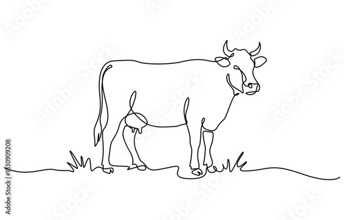 Cow on pasture in continuous line art drawing style. Grazing cow minimalist black linear sketch isolated on transparent background