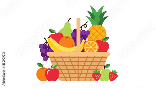 Vibrant illustration of a bountiful fruit basket overflowing with a colorful assortment of fresh, healthy produce, perfect for nutritious snacks and wholesome living
