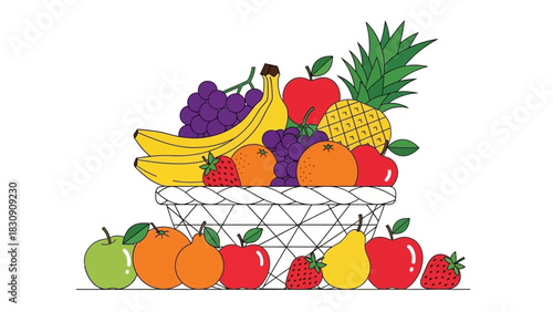 A delightful arrangement of fresh, ripe fruits displayed in a white woven basket, overflowing with natural goodness and vibrant colors