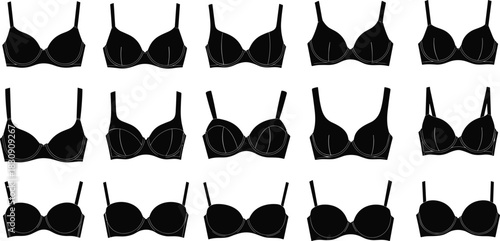 Large Collection of Different Bra Silhouettes Vector Set, Showing Various Lingerie Styles, Including Push-up, Full Coverage, and Underwire Designs, Ideal for Fashion Templates and Clothing Mockups.
