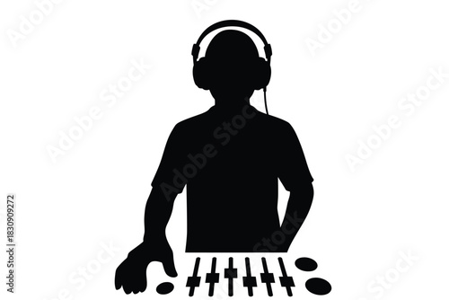 Silhouette of a dj mixing music with headphones on white background
