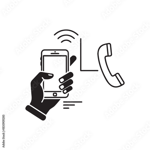 Black Hand holding phone line icon. Communication, call, send a message, smartphone, device, personal, user, internet connection. Technology concept. Vector line icon for Business and Advertising