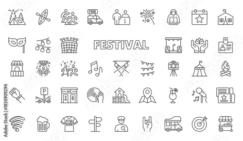 Festival icons in line design. Festival, celebration, event, music, party, crowd, entertainment on white background vector. Festival editable stroke icons