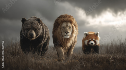 Grizzly Bear, Majestic Lion, and Cute Red Panda Walking Together in a Grassy Field Under a Dramatic Sky