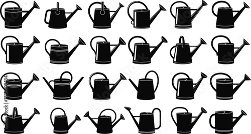 Large collection of garden watering can black silhouettes, various shapes and styles of gardening tools, water sprinkling equipment, agricultural instrument icons, vector illustration set, isolated.