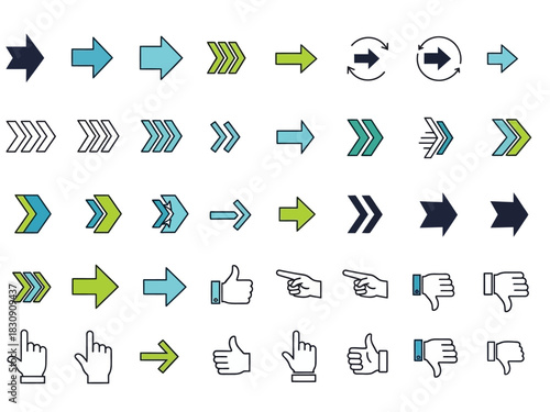 Collection of assorted directional arrows and hand gesture icons for web design and UI elements