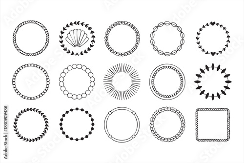 Elegant Outline Frame Set with Botanical Wreaths and Sunburst Elements
