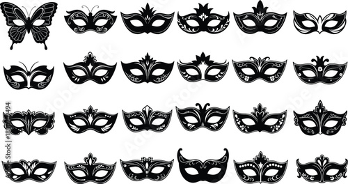 Large collection of ornate black masquerade mask silhouettes, decorative carnival, party, and costume elements, eye mask symbols, mysterious Venetian festival vector illustration kit, isolated.