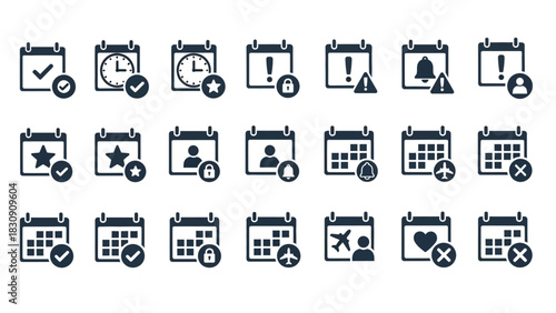 Comprehensive vector calendar icon collection for effective digital scheduling, event management, and time tracking in modern user interfaces and applications