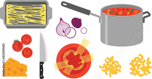 Collection of pasta ingredients and cooking tools, featuring raw macaroni, spaghetti, tomato sauce in a pot, red onion, cheese, and a knife for meal preparation.