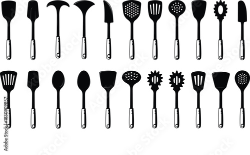 Black and white vector illustration of professional kitchen gadgets, including slotted spoons, turners, knives, and specialized utensils for food preparation.