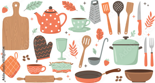 Collection of essential kitchen utensils and cookware, featuring teapots, cutting board, pots, cups, and cooking tools in a cozy, flat style design.