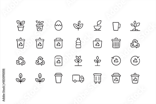 Recycling and Eco Waste Management Line Icons for Green Projects