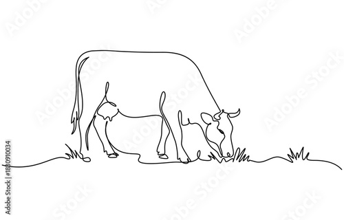 Cow on pasture in continuous line art drawing style. Grazing cow minimalist black linear sketch isolated on transparent background