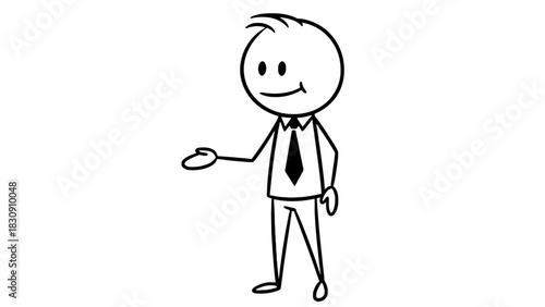 Friendly stick figure businessman offering handshake, portraying partnership, collaboration, and welcoming new opportunities in a simple, approachable style