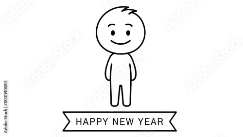 Cheerful cartoon character wishes happy new year, spreading joy and positivity for festive season celebrations and social media posts with transparent design